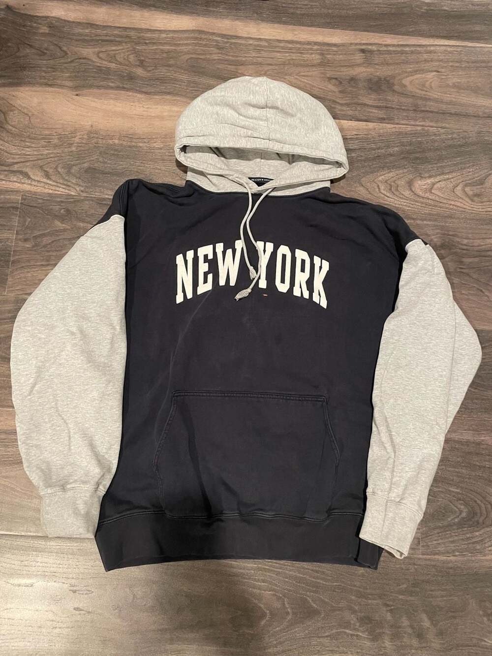 Brandy Melville Navy Blue and Grey Colorblock New York Hoodie